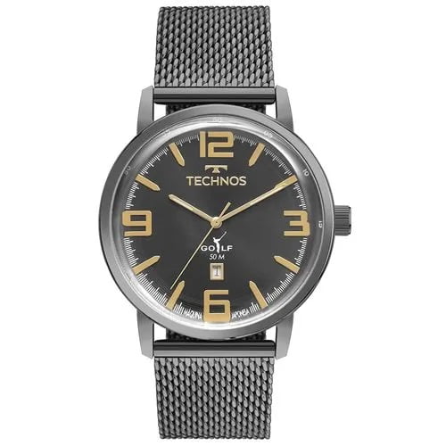 Relógio Technos Golf Grafite Masculino com Calendário Pulseira Milanesa Maquinário Japonês Aço Inoxidável á Prova D'água 2115UBL/1F