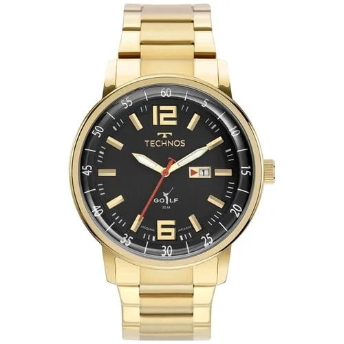 Relógio Technos Golf Masculino Dourado Visor Preto com Calendário Maquinário Japonês Aço Inoxidável  Á Prova d'água 2115MWD/1PH