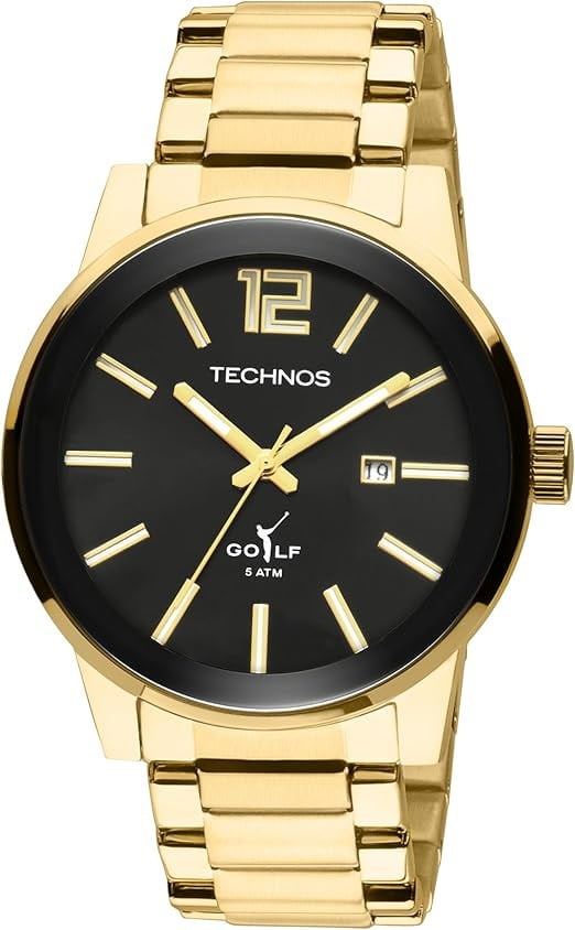 Relógio Technos Golf Masculino Dourado Visor Preto Com Calendário Maquinário Japonês Aço Inoxidável á Prova d´água 2115TTS/4P