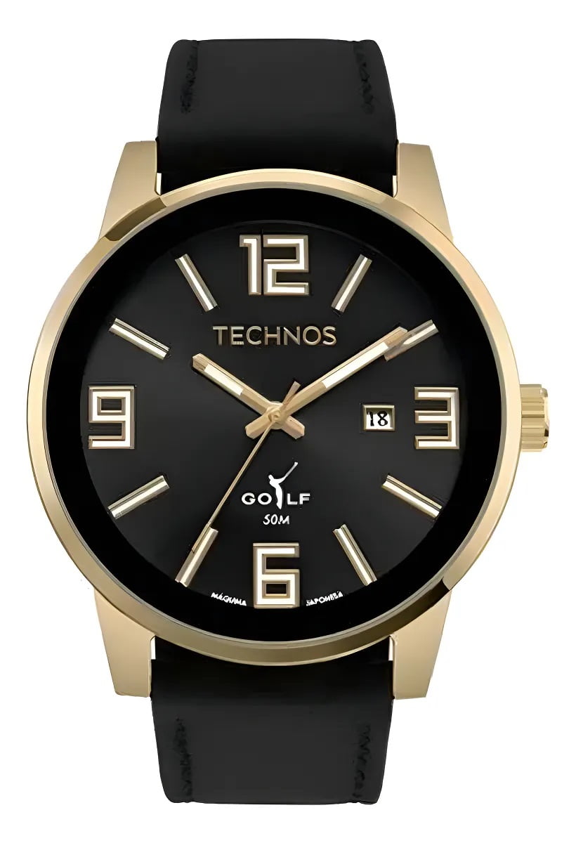 Relógio Technos Golf Masculino Dourado Visor Preto com Calendário Pulseira em Couro Preta Maquinário Japonês Aço Inoxidável Á Prova d'água 2115MWUS/0P