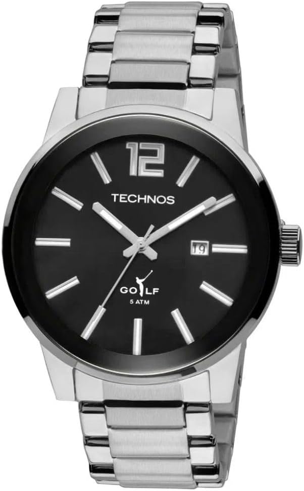 Relógio Technos Golf Masculino Prateado Visor Preto Com Calendário Maquinário Japonês Aço Inoxidável á Prova d´água 2115TUS/1P