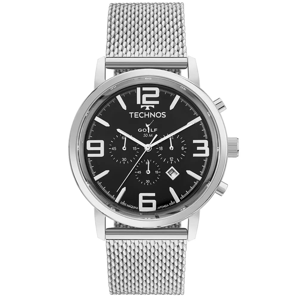 Relógio Technos Golf Masculino Prateado Visor Preto Minimalista Pulseira Milanese Maquinário Japonês Aço Inoxidável Á Prova d'água OS20IQW/1P