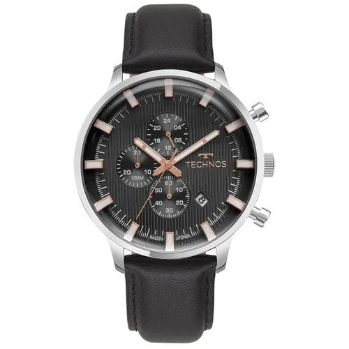 Relógio Technos Grandtech Masculino Prateado Visor Preto Texturizado com Cronógrafo e Calendário Pulseira em Couro Maquinário Japonês Aço Inoxidável Á Prova d'água JS15ENS/0P