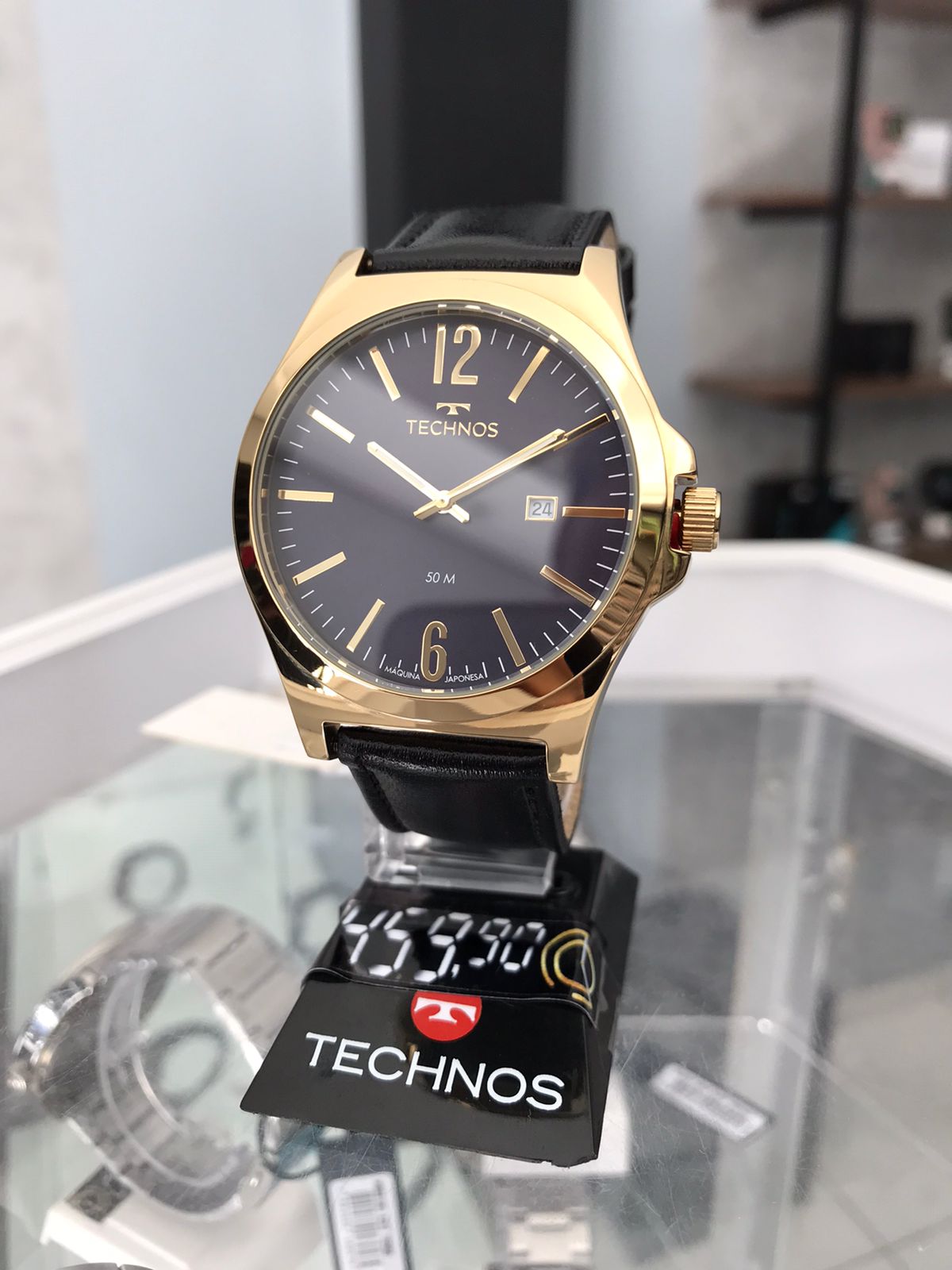 Relógio Technos Masculino Dourado Couro Aço Inox Calendário 2115MZM/1A