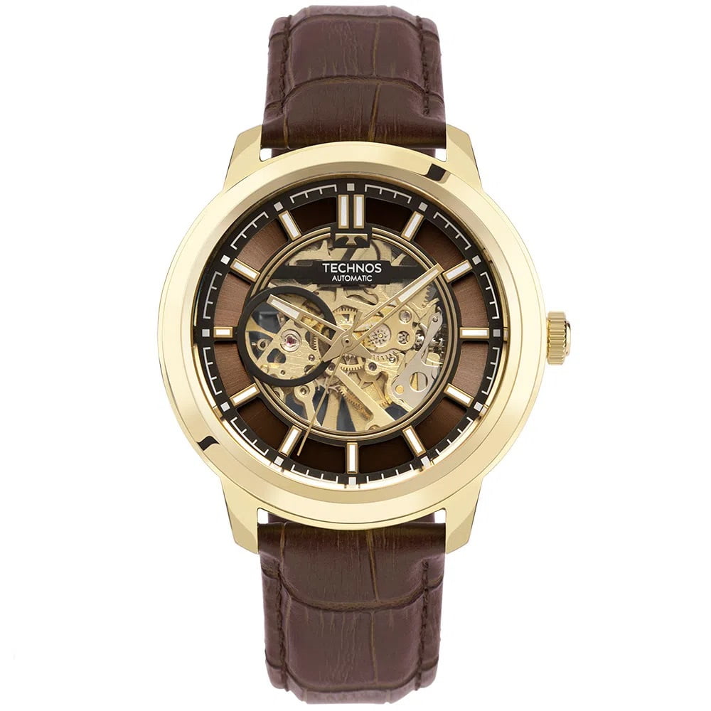 Relógio Technos Automático Masculino Dourado Aço Inox com Pulseira de Couro G3265AH/0M