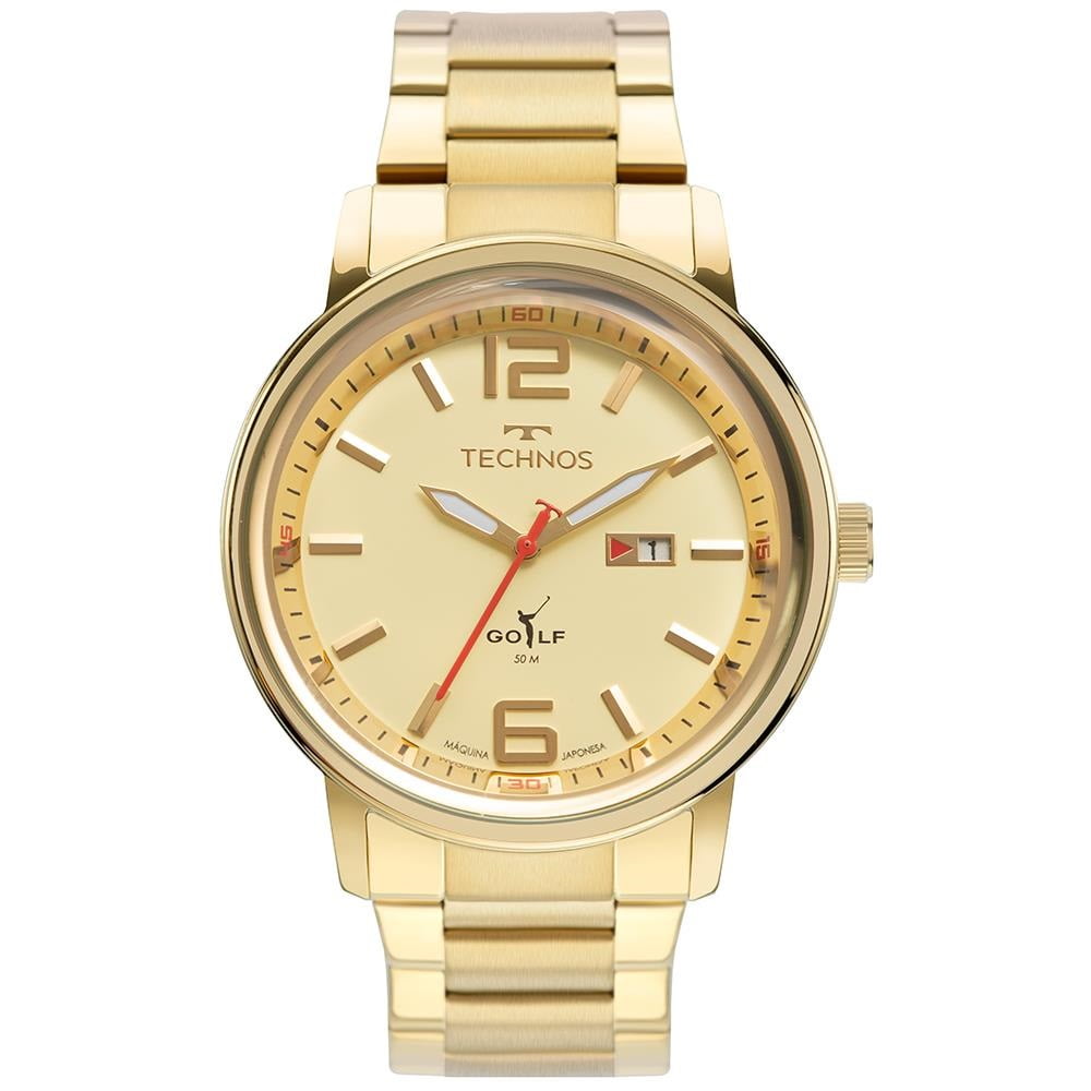 Relógio Technos Golf Masculino Dourado Com calendário Aço inox 2115MXX/1D