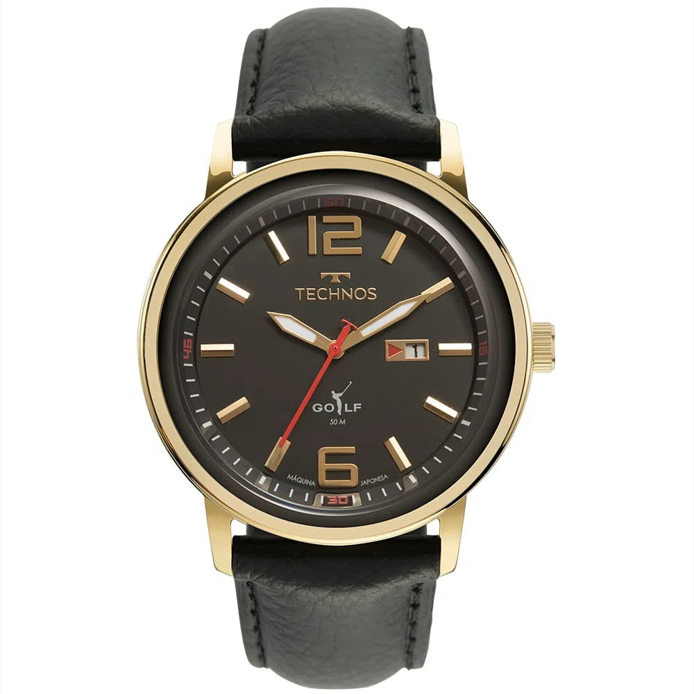 Relógio Technos Masculino Golf Dourado com Calendário Pulseira de Couro á Prova d'água 2115MXY/1P