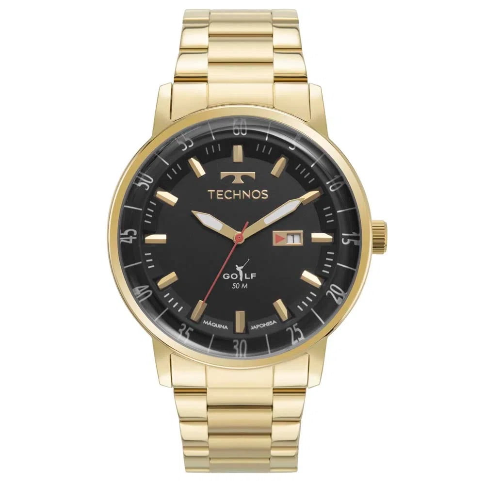 Relógio Technos Masculino Golf Dourado Visor Preto com Calendário Maquinário Japonês Aço Inoxidável á Prova D'água 2115LAP/1P