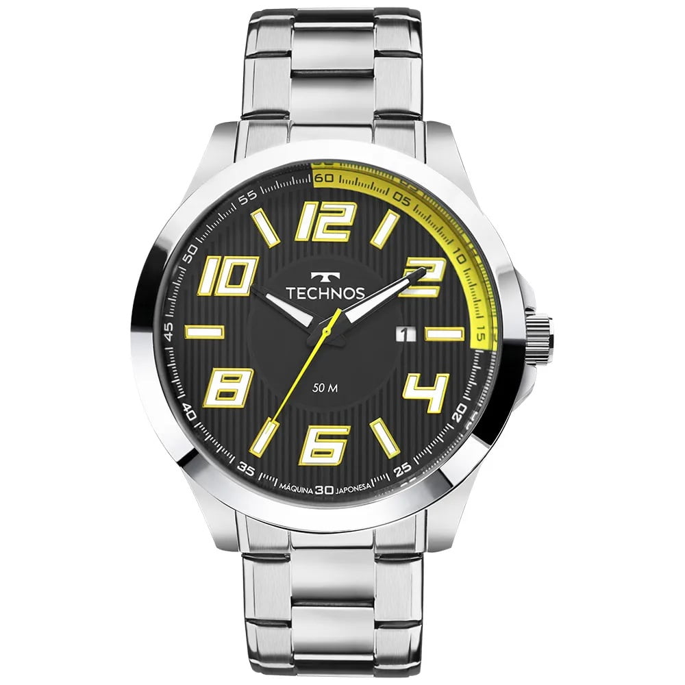 Relógio Technos Masculino Prata Aço Inox com Calendário á prova d`água 2115KNE/1Y