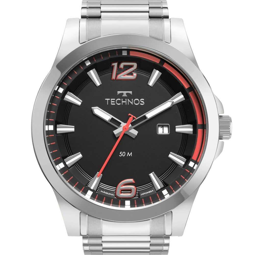 Relógio Technos Racer Masculino Prateado Preto Aço Inox Calendário A prova d'água 2117LDGS/1P