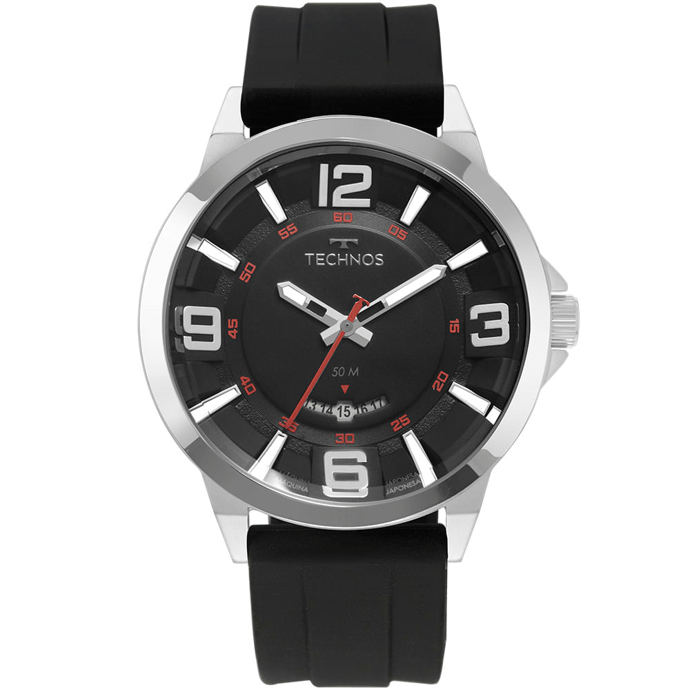 Relógio Technos Masculino Prata Aço Inox Silicone Calendário 2117LBN/8P