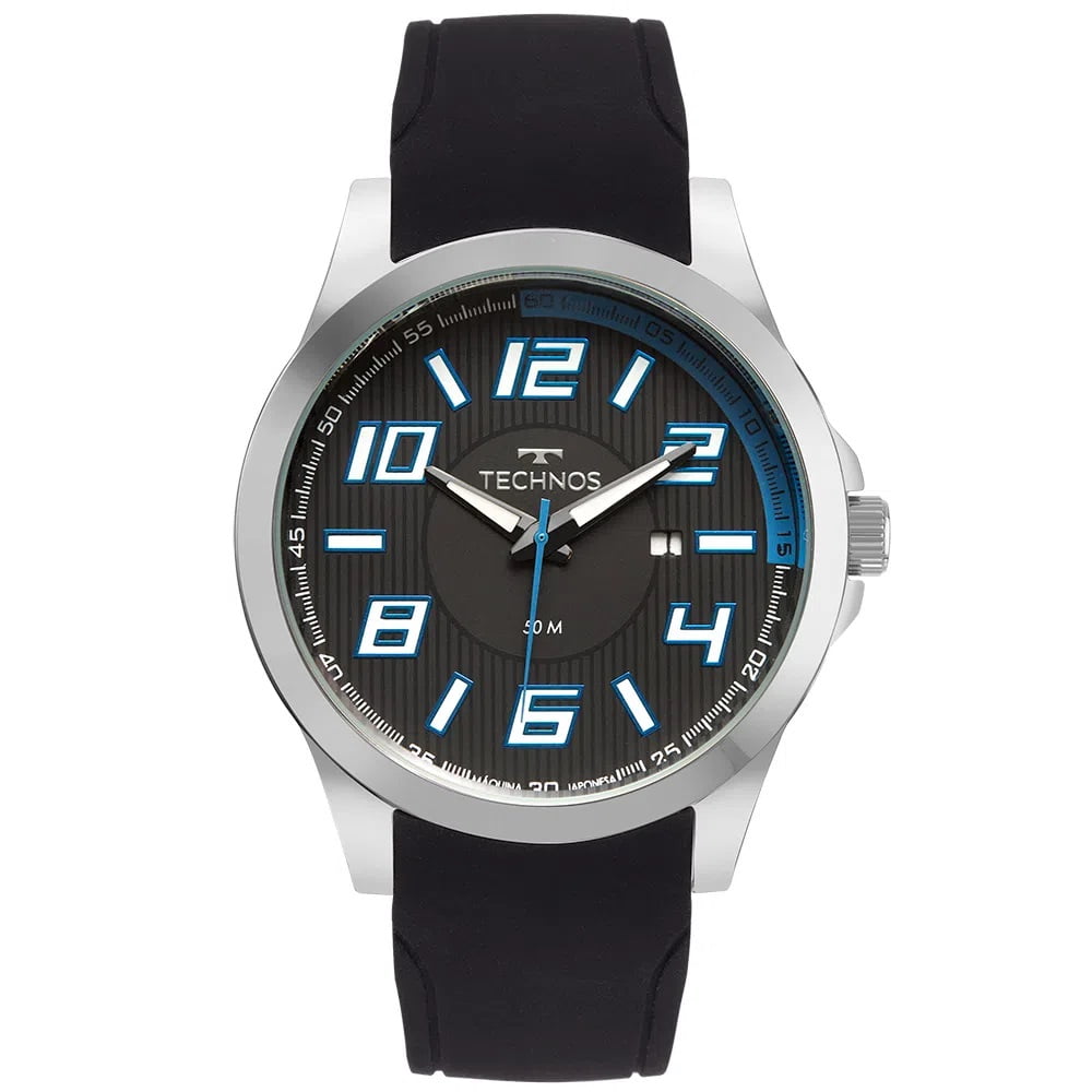 Relógio Technos Masculino Racer Prata Silicone com Calendário Aço Inoxidável a prova d'água 2115NAZ/2P