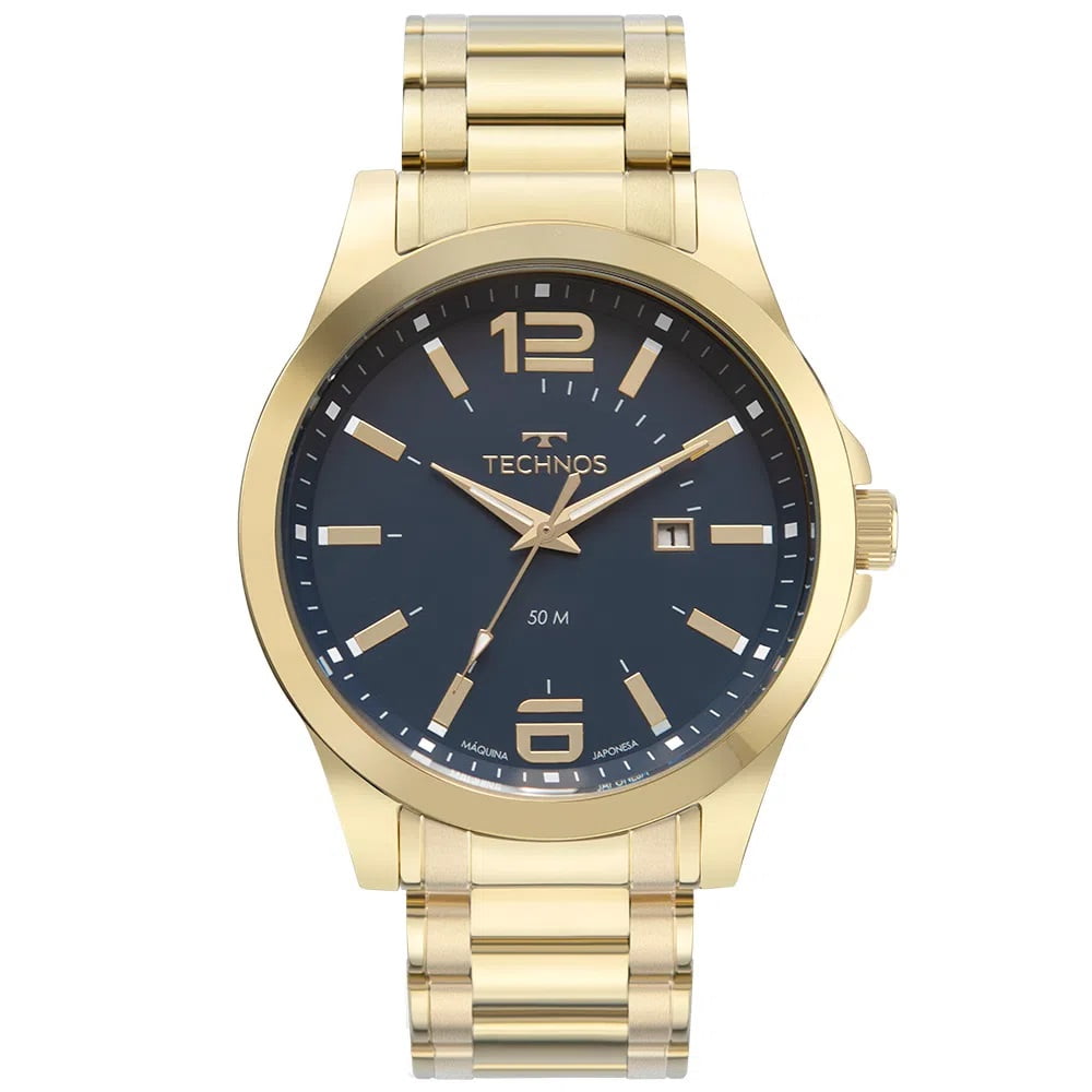 Relógio Technos Racer Dourado Masculino Mostrador Azul com Calendário Maquinário Japonês Aço Inoxidável Á  Prova d'água 2115MZV/1A