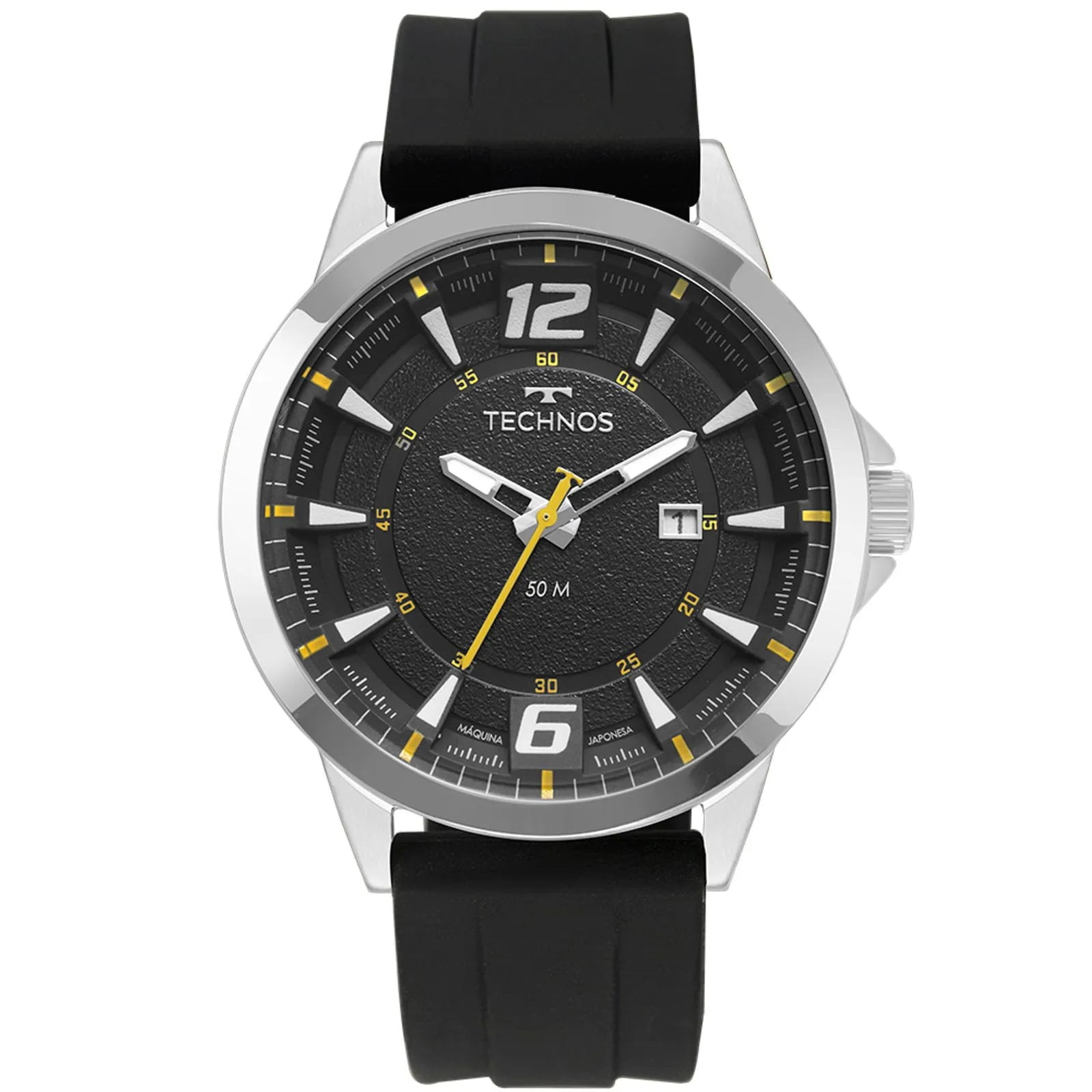 Relógio Technos Masculino Racer Prateado Visor Preto com Calendário Pulseira de Silicone Maquinário Japonês Aço Inoxidável Á Prova d'água 2117LDP/2P