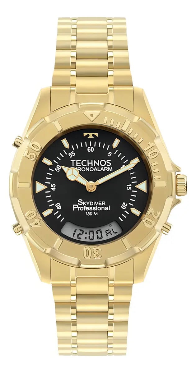 Relógio Technos Masculino Skydiver Mini Dourado Digital e Analógico Catraca Giratória Aço Inoxidável á prova d' água WT2050AFN/1P
