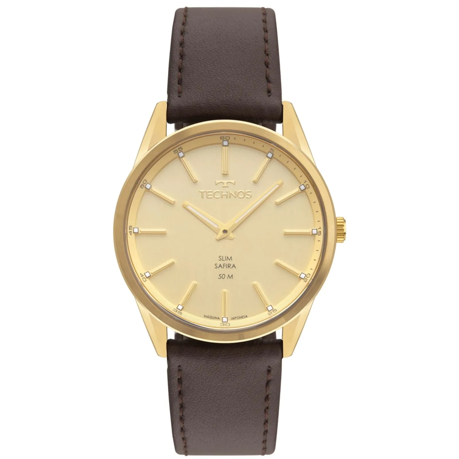Relógio Technos Masculino Slim Dourado Visor Champanhe com Calendário Vidro Safira Pulseira em Couro Marrom Maquinário Japonês Aço Inoxidável á Prova d'água GL22BC/0X