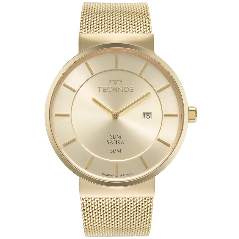 Relógio Technos Masculino Slim Safira Milanese Dourado Aço Inox Calendário GM17AA