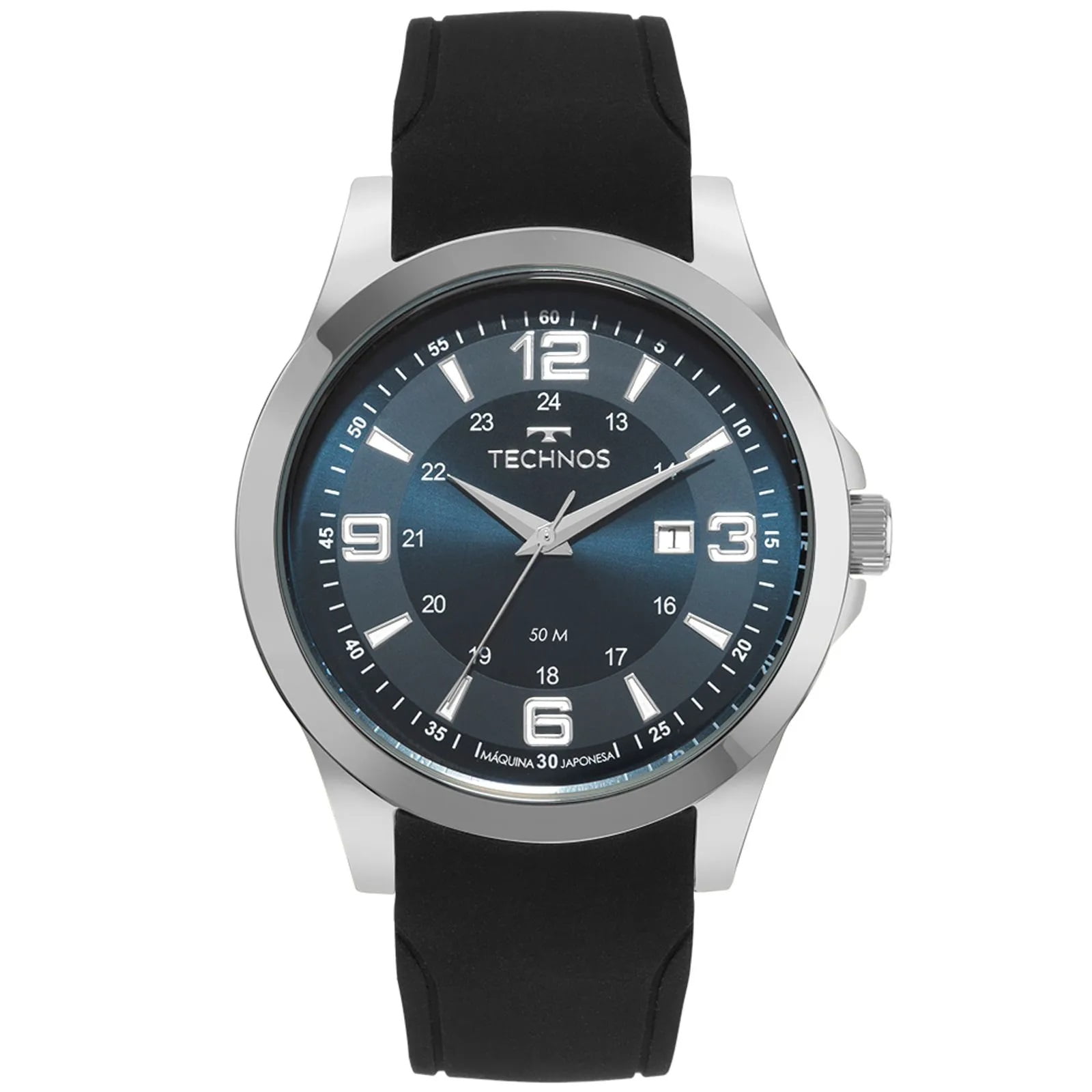 Relógio Technos Prateado Masculino com Pulseira de Silicone Visor Preto com Calendário Maquinário Japonês Aço Inoxidável Á Prova d'água 2115KPT/2L