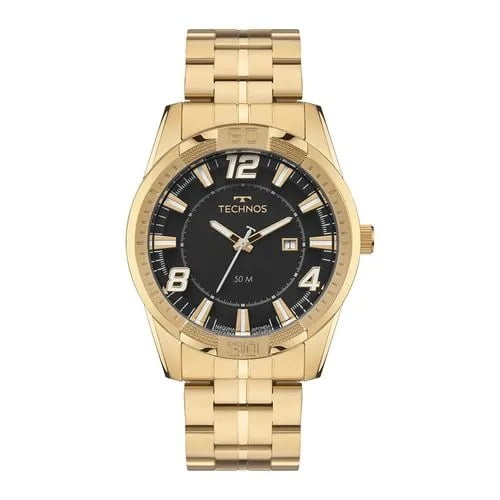 Relógio Technos Racer Masculino Dourado Visor Preto com Calendário Maquinário Japonês Aço Inoxidável  á Prova d'água 2115UAB/1P
