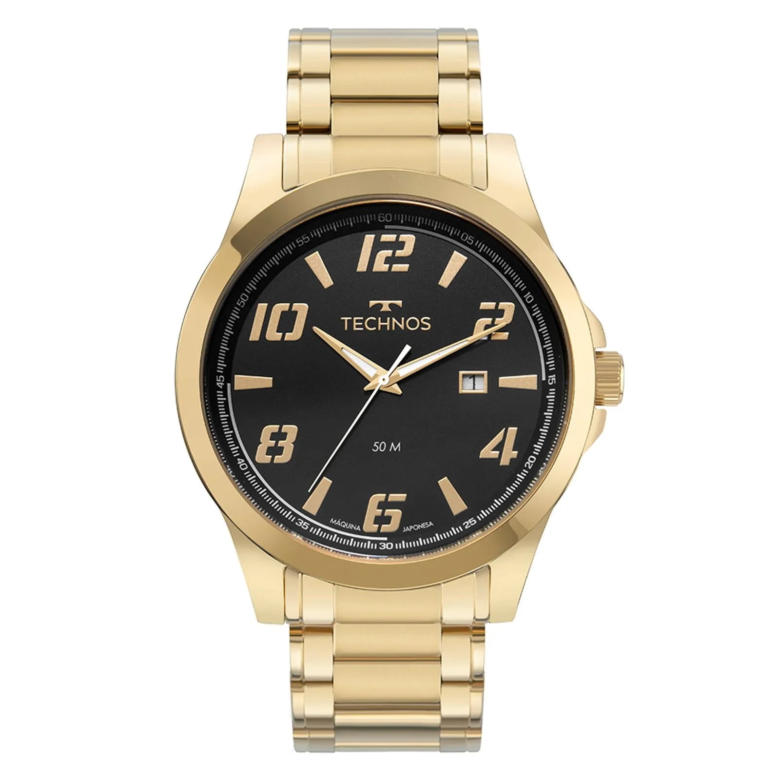 Relógio Technos Racer Masculino Dourado Visor Preto com Calendário Maquinário Japonês Aço Inoxidável  á Prova d'água 2115UAH/1P