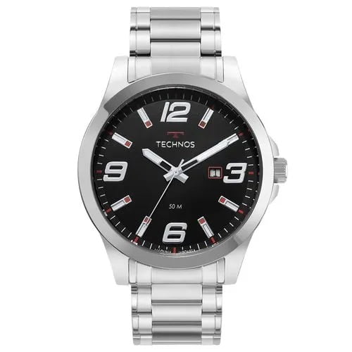 Relógio Technos Racer Masculino Prata Visor Preto com Detalhes Vermelho e Calendário Maquinário Japonês Aço Inoxidável á Prova d'água 2115MOLS/1P