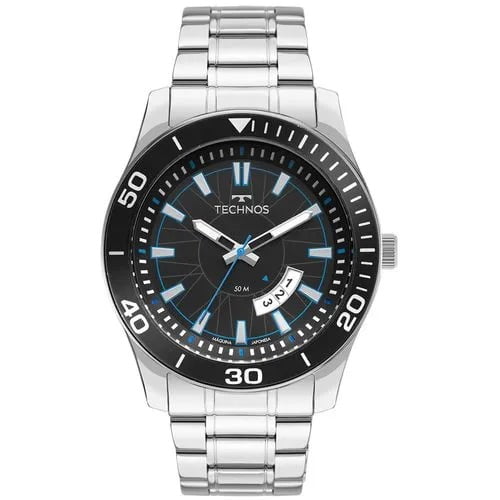 Relógio Technos Racer Masculino Prateado Mostrador Preto Toques de Azul Com Calendário Aço Inoxidável Maquinário Japonês Á Prova d'água 2115KSM/1A