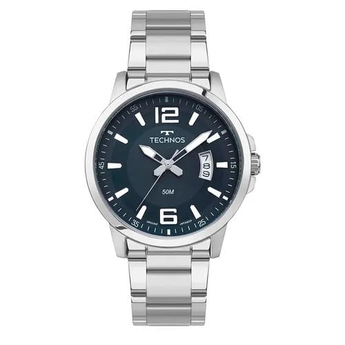 Relógio Technos Racer Masculino Prateado Visor Azul com Calendário Maquinário Japonês Aço Inoxidável Á Prova d'água 2315LAR/1A
