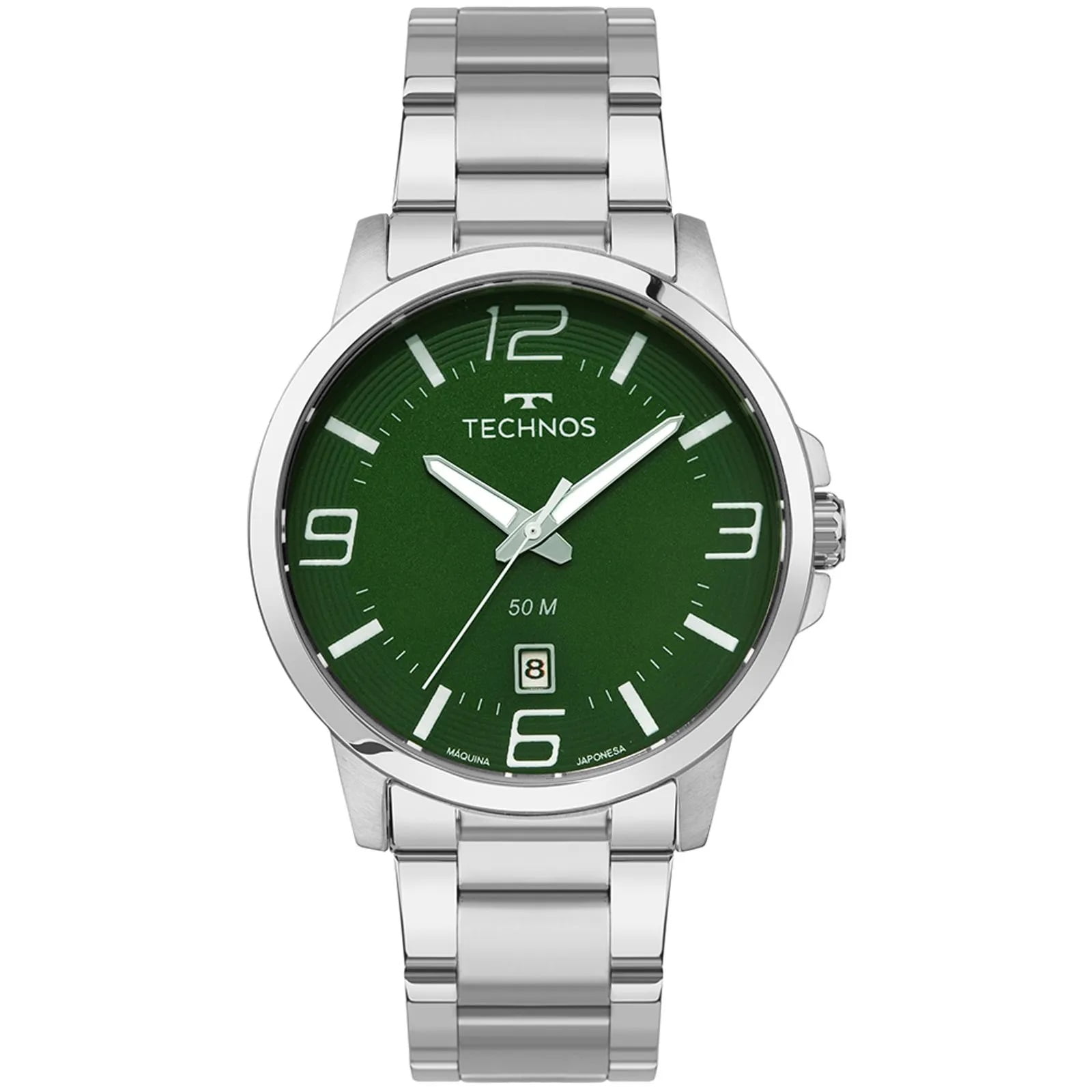 Relógio Technos Racer Masculino Prateado Visor Verde com Calendário Maquinário Japonês Aço Inoxidável á Prova d'água 2315LBA/1V