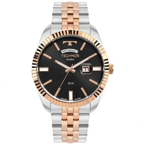 Relógio Technos Riviera Masculino Bicolor Visor Preto com Calendário Duplo Caixa Serrilhada Maquinário Japonês Aço Inoxidável á Prova D'água 2350AN/1P