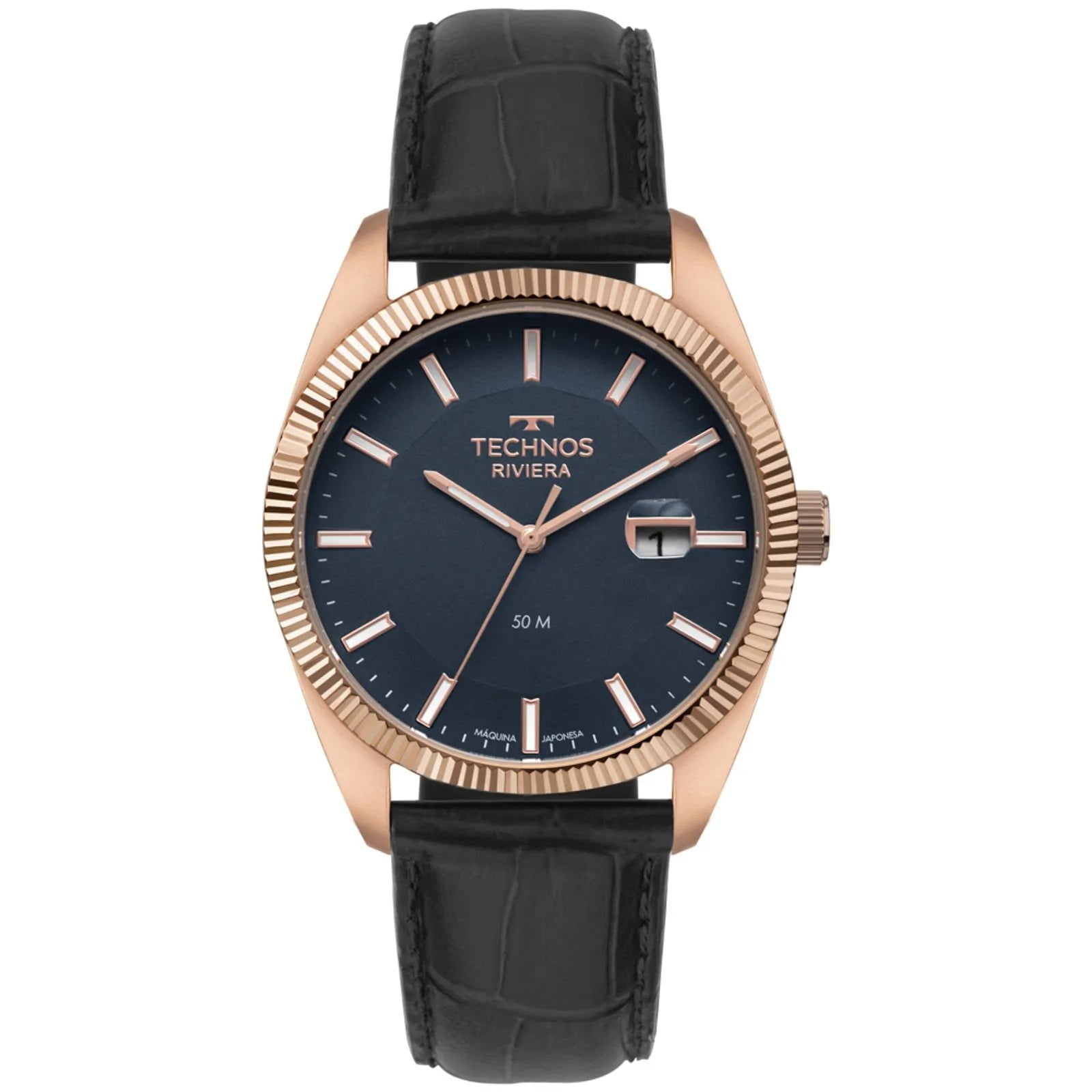 Relógio Technos Riviera Masculino Rosé com Calendário e Visor Azul Pulseira em Couro Maquinário Japonês Aço inoxidável Á Prova d'água 2317AK/0A