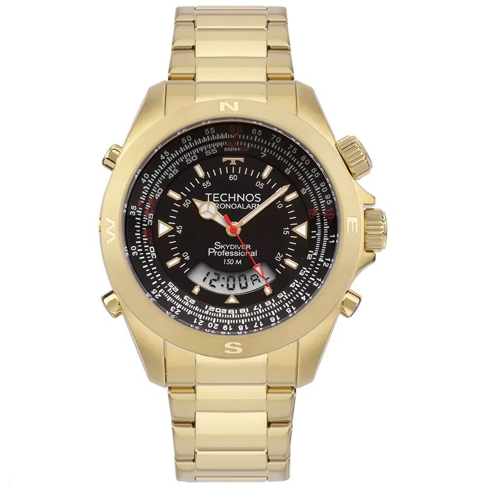 Relógio Technos Skydiver Display Duplo Masculino Dourado com Calendário Aço inox Á prova d´água WT20565/4P