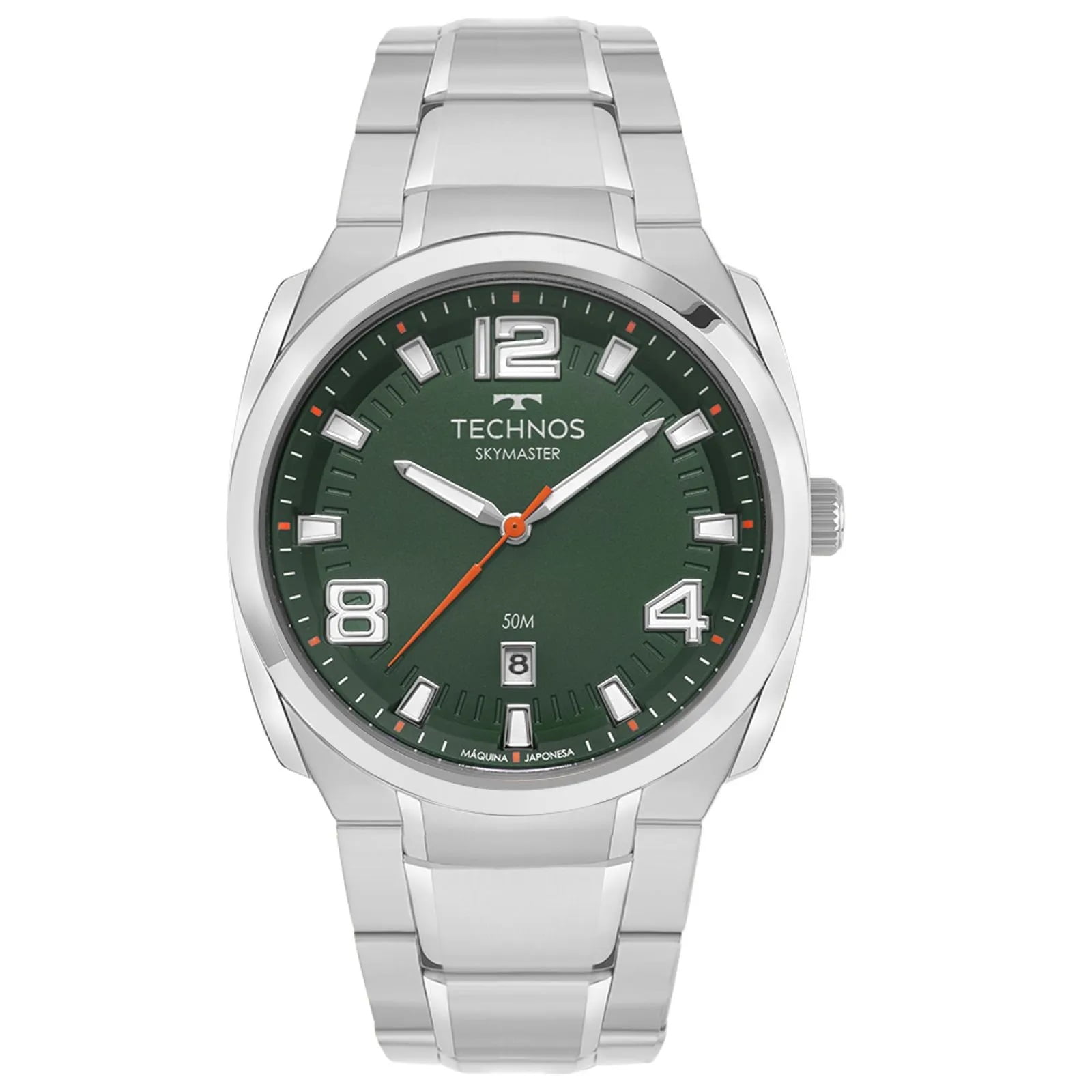 Relógio Technos Skymaster Masculino Prateado Visor Verde com Calendário Maquinário Japonês Aço Inoxidável á Prova d'água 2315LBG/1V