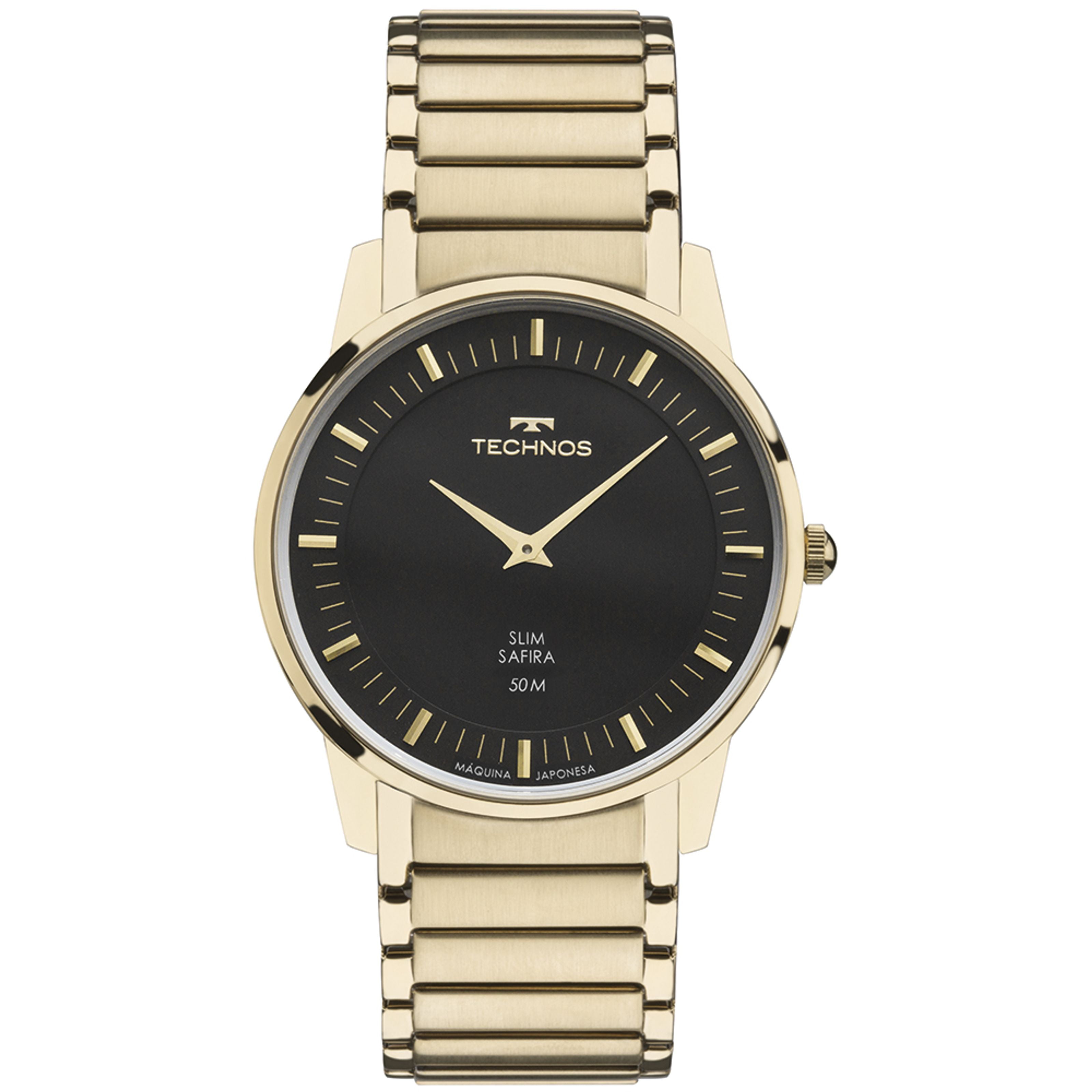 Relógio Technos Slim pequeno Dourado Visor preto Vidro Safira Aço Inoxidável á Prova D'água GL22AA/1P