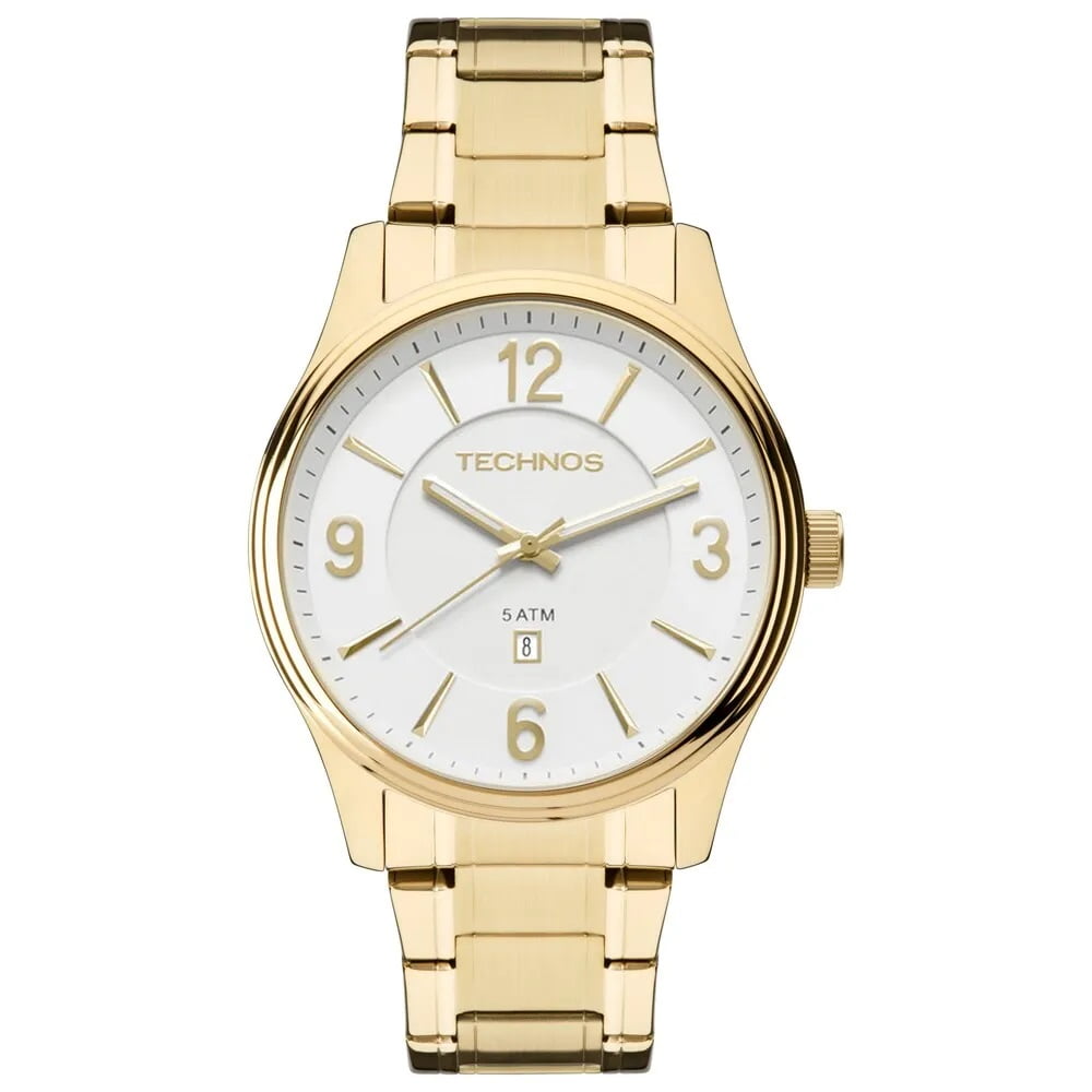 Relógio Technos Steel Masculino Dourado Visor Branco com Calendário Maquinário Japonês Aço Inoxidável  á Prova d'água 2015BYYTDS/4B