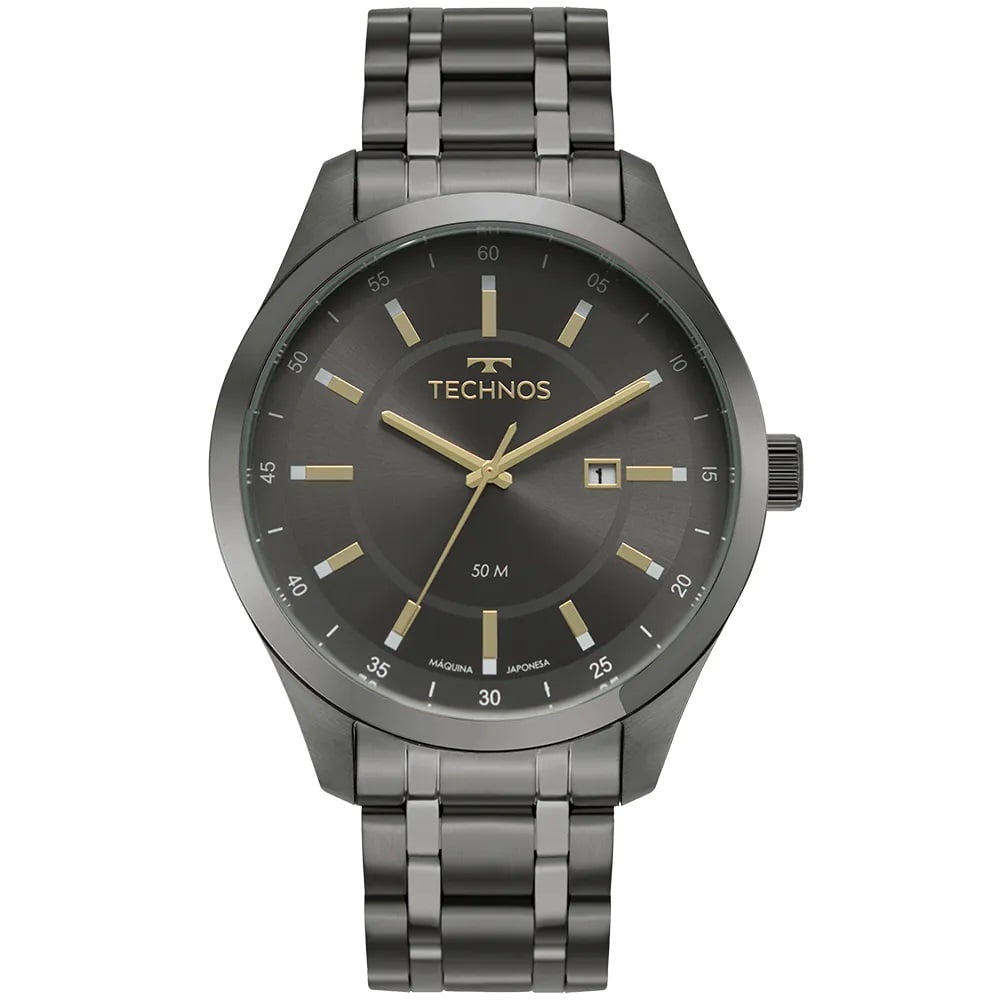 Relógio Technos Steel Masculino Grafite com Calendário Maquinário Japonês Aço Inoxidável Á Prova d'água 2115TVY/1F