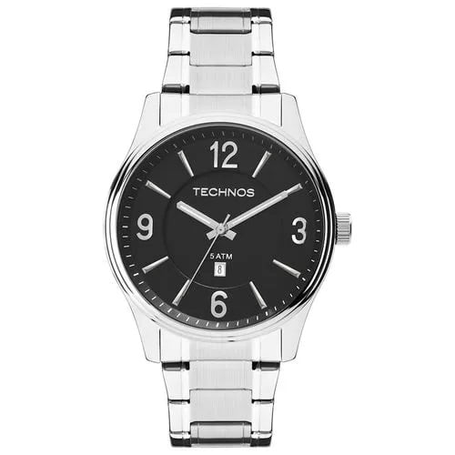 Relógio Technos Steel Masculino Prateado Mostrador Preto Com Calendário Aço Inoxidável Maquinário Japonês Á Prova d'água 2015BZBS/1P