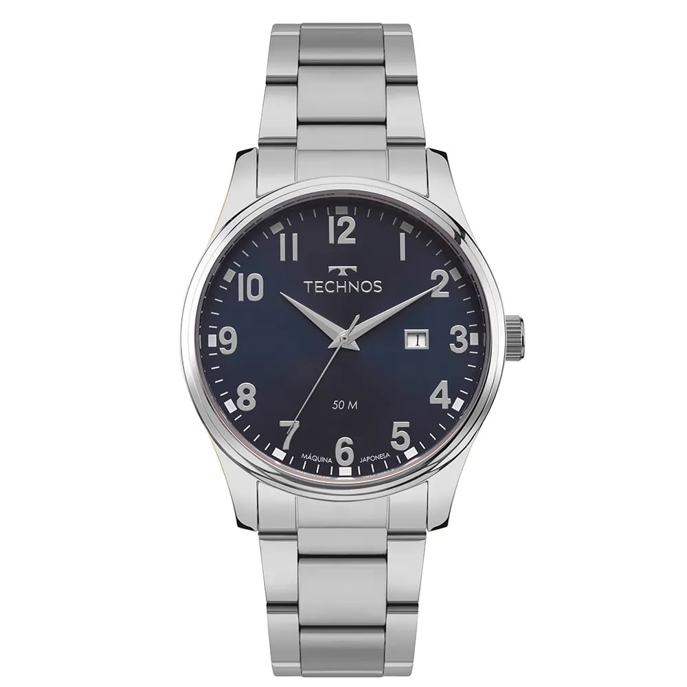Relógio Technos Steel Prateado Visor Azul Numeração completa Masculino com Calendário Maquinário Japonês Aço Inoxidável Á Prova d'água 2115TZC/1A