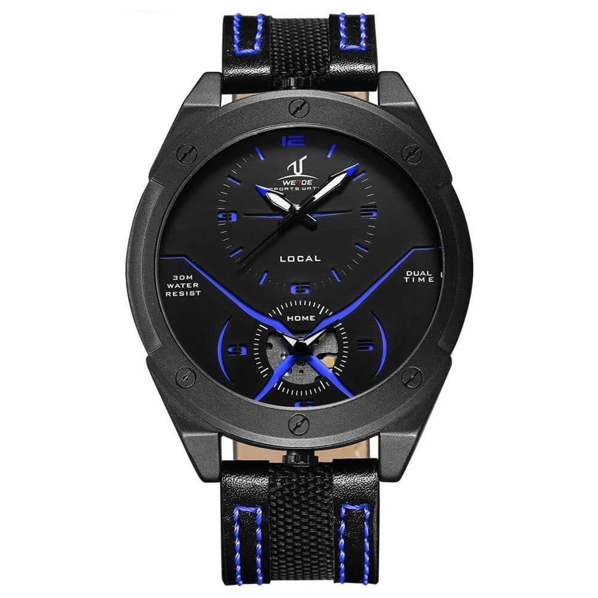 Relógio Weide Masculino Couro Preto Dual Time UV-1703