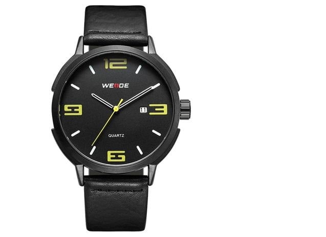 Relógio Weide Masculino Couro Preto Calendário WD004