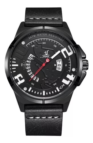 Relógio Weide Masculino Preto com Branco Couro Calendário UV1802