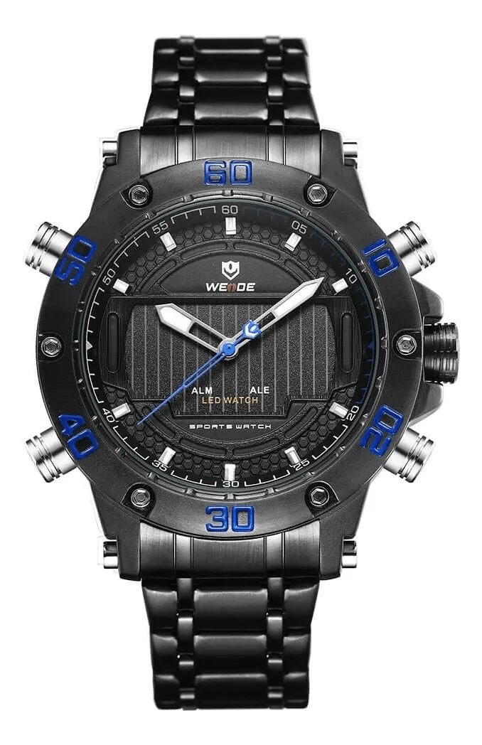 Relógio Weide Masculino Preto e Azul Digital Display Duplo WH-6910