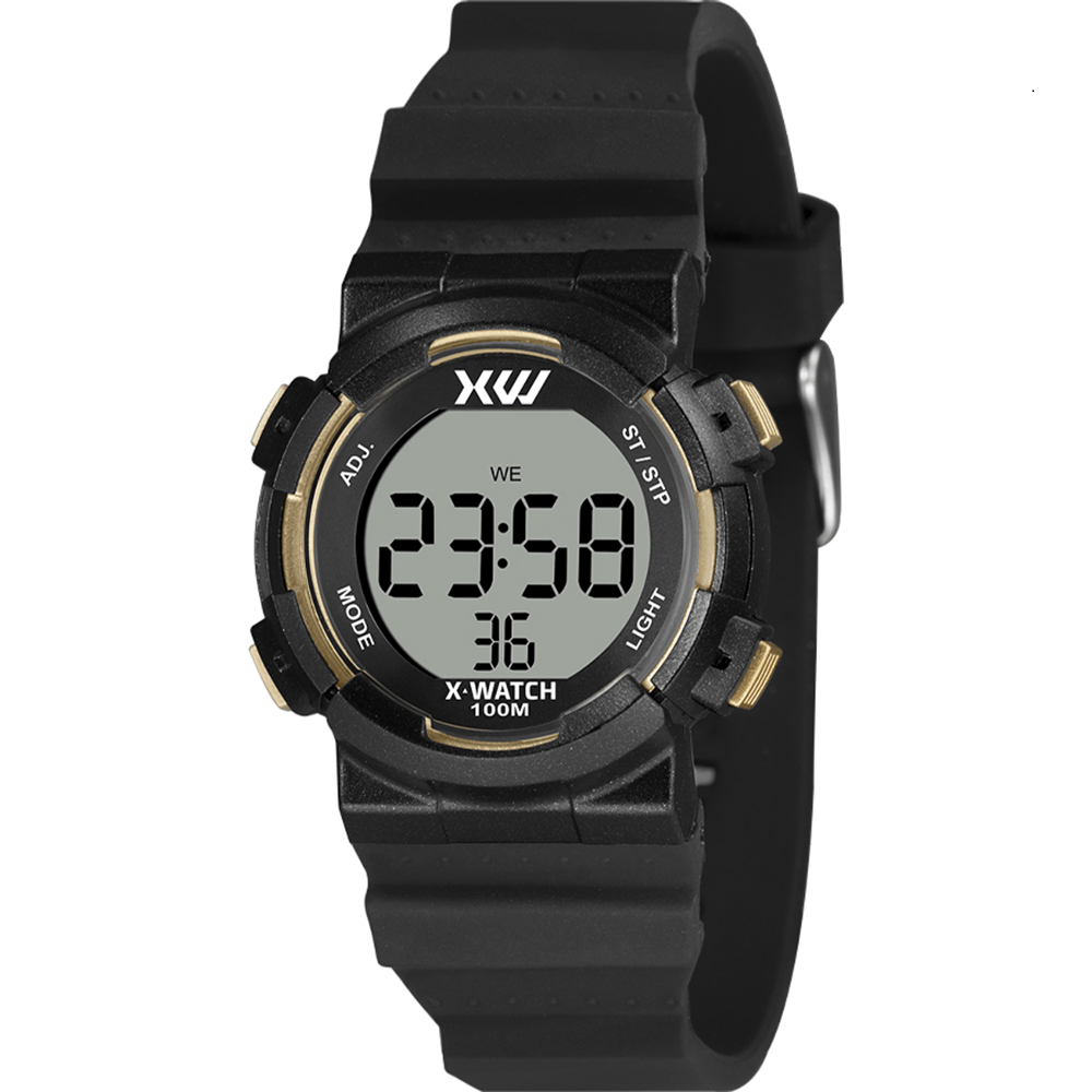 Relógio X-Watch Infantil Digital Preto com Detalhes Dourado em Poliuretano e Pulseira em Silicone Pequeno Á Prova d'água XKPPD107