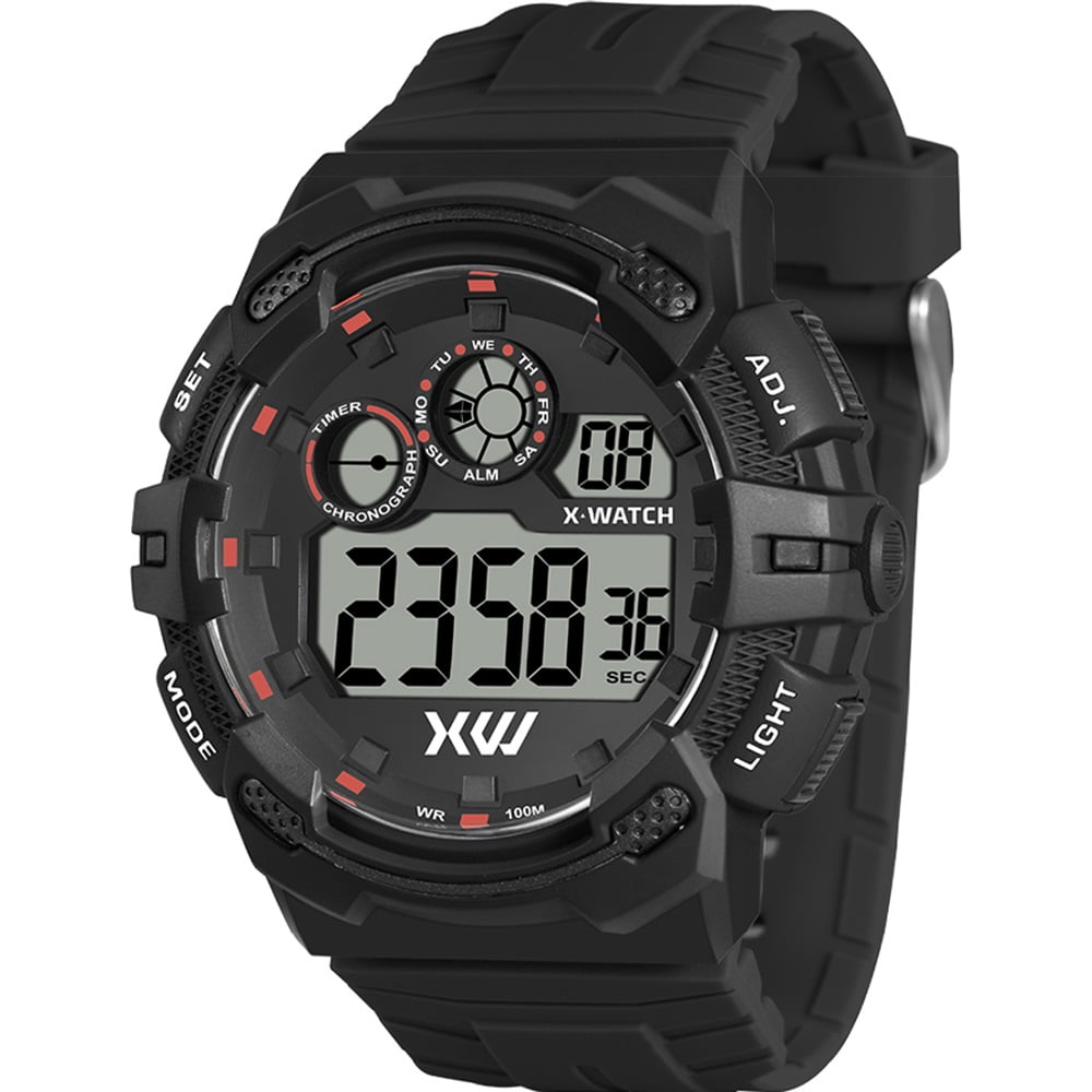Relógio X-Watch Masculino Digital Preto Esportivo com Detalhes Vermelho Pulseira em Silicone  a Prova D'água XMPPD741