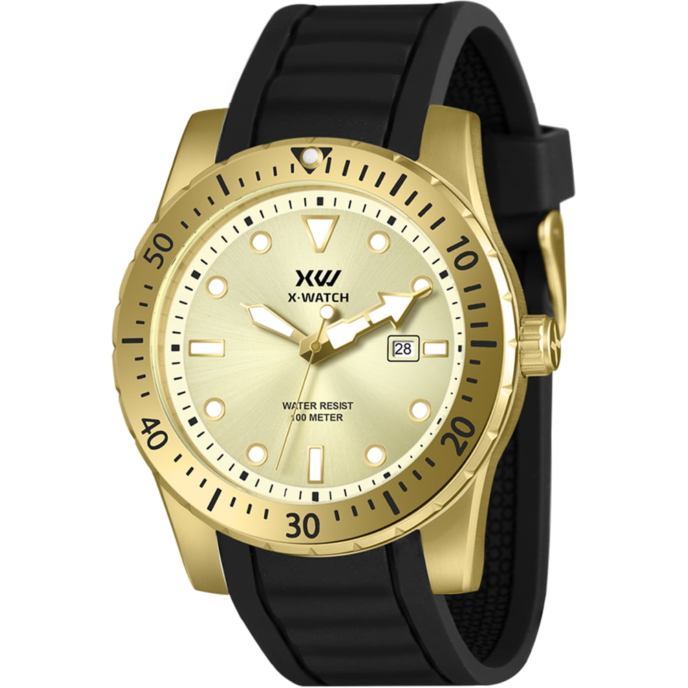 Relógio X-Watch Masculino Dourado com Calendário Pulseira em Silicone á Prova D'água XMGP1003