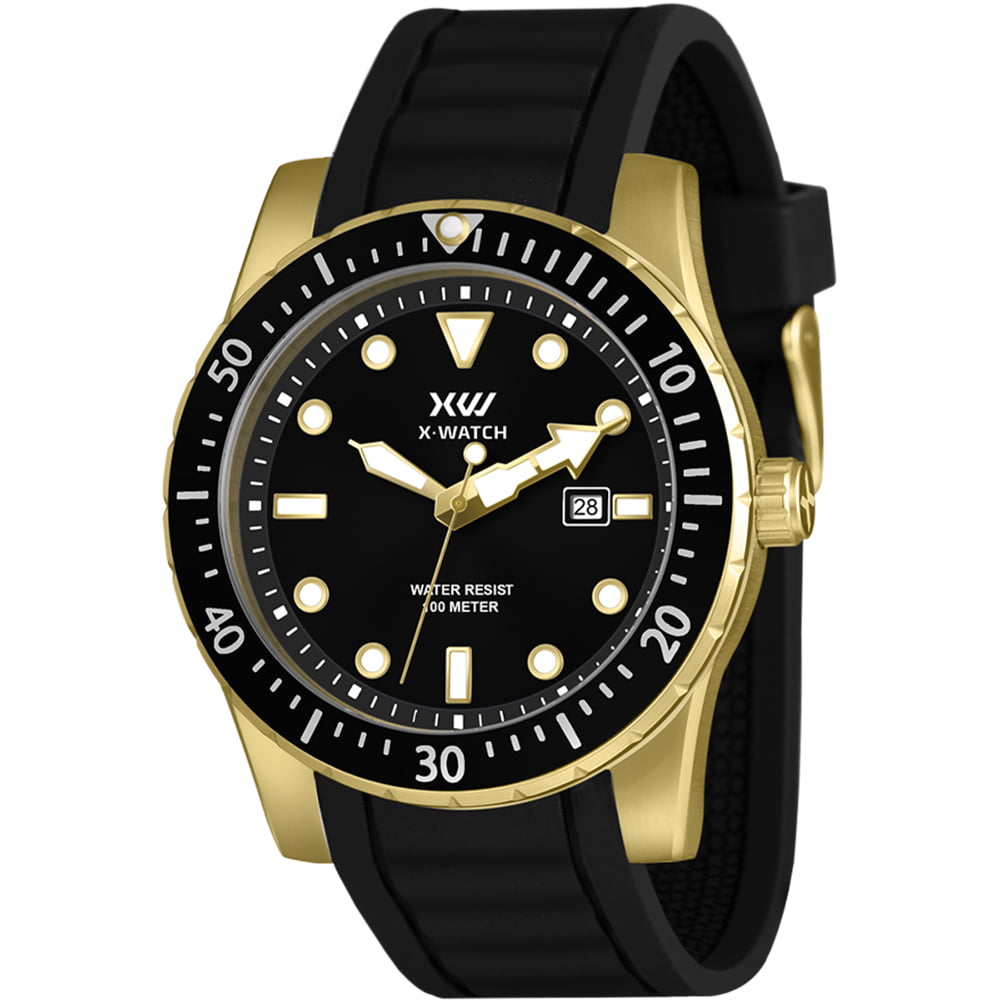 Relógio X-Watch Masculino Dourado Visor Preto com Calendário Pulseira em Silicone á Prova D'água XMGP1003 