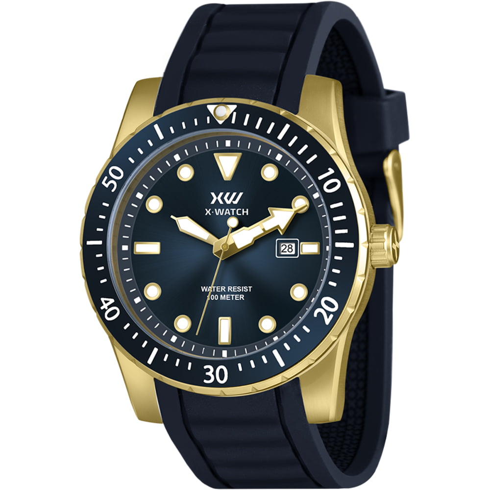 Relógio X-Watch Masculino Dourado Visor Azul com Calendário Pulseira em Silicone á Prova D'água XMGP1003