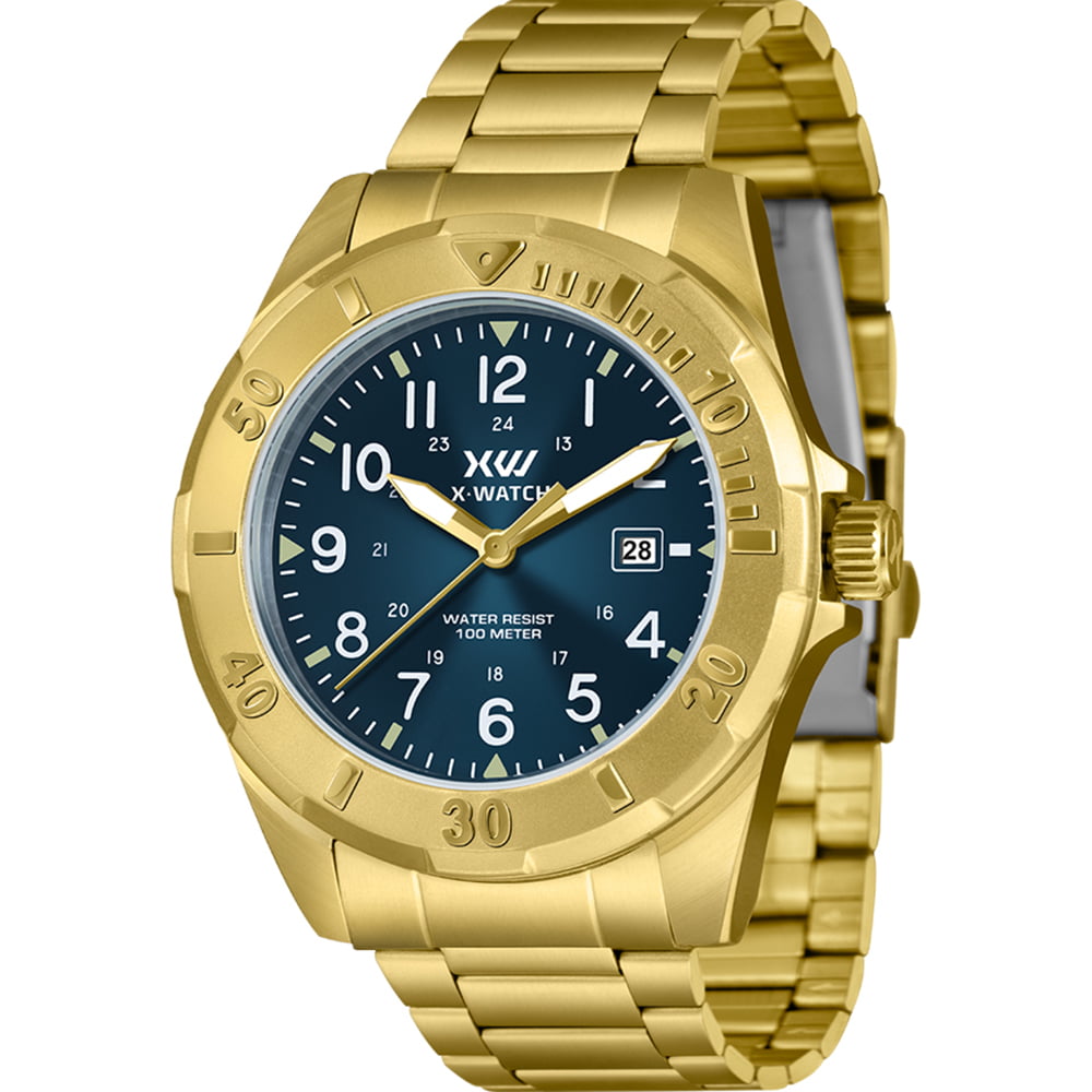Relógio X-Watch Masculino Dourado Visor Azul com Calendário Todo Numerado Aço Inoxidável á Prova D'água XMGS1053