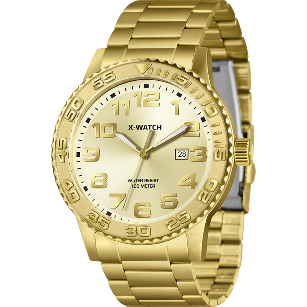 Relógio X-Watch Masculino Dourado Visor Dourado com Calendário Todo Numerado Aço Inoxidável á Prova D'água XMGS1050