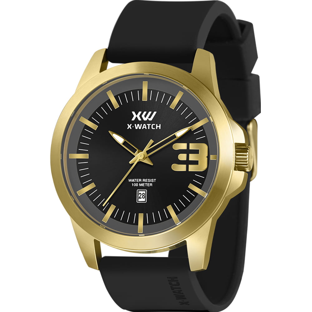 Relógio X-Watch Masculino Dourado Visor Preto com Calendário Pulseira em Silicone á Prova D'água XMGP1002