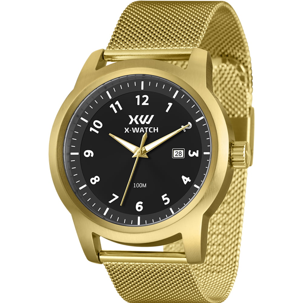 Relógio X-Watch Masculino Dourado Visor Preto com Calendário Todo Numerado Pulseira Milanesa  Aço Inoxidável á Prova D'água XMGS1049